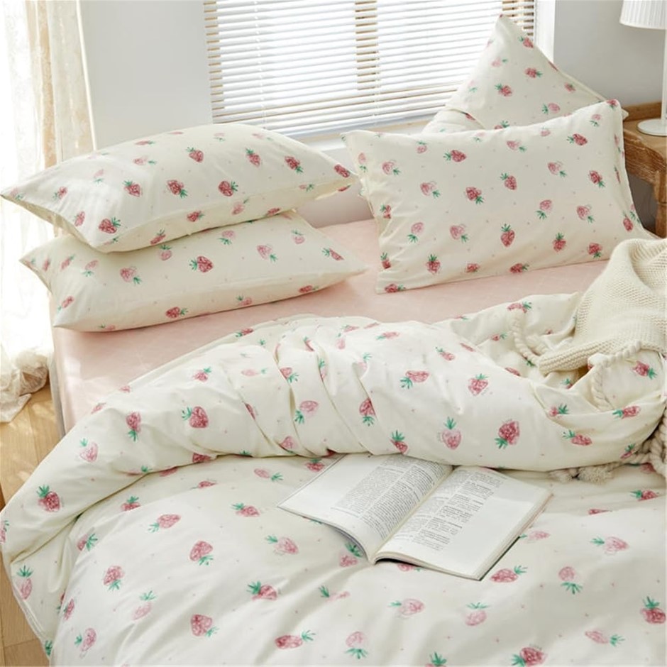 DREAMINGO Cotton Duvet Cover Set with 2 Pillowcases, Cute Strawberry, Singl