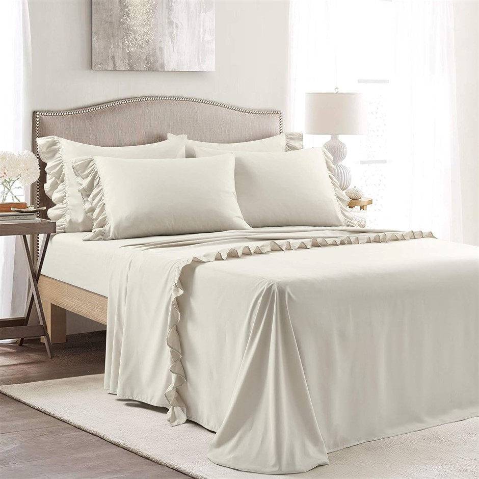 LUSH DECOR Reyna 6 Piece Ruffle Sheet Set, King, Wheat.  Buyers Note - Disc