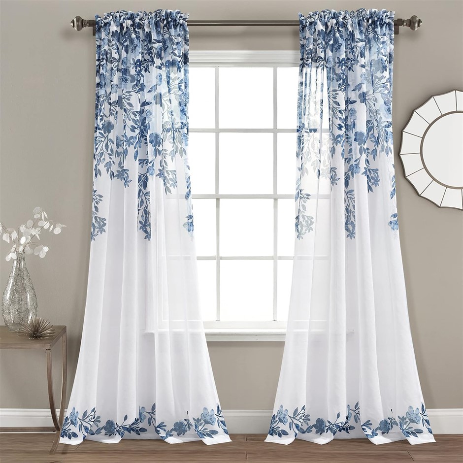 LUSH DECOR Tanisha Sheer Window Curtain Panel Pair, 95" L x 38" W, Navy & W