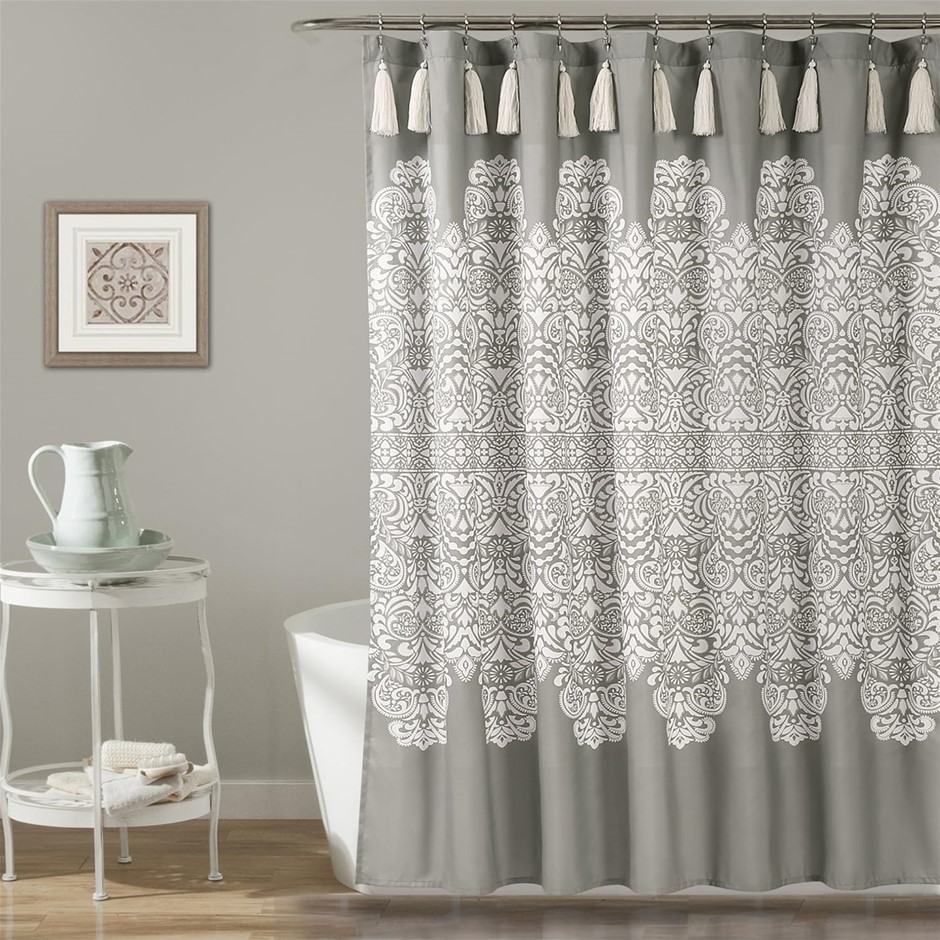 LUSH DECOR Boho Medallion Shower Curtain-Fabric Bohemian Damask Print Desig