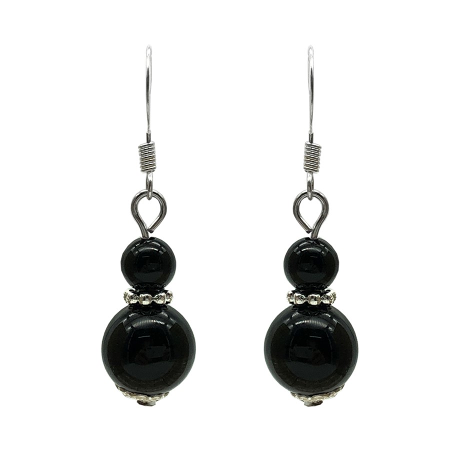 6-10mm Round Black Agate Silver Plated Drop Earrings
