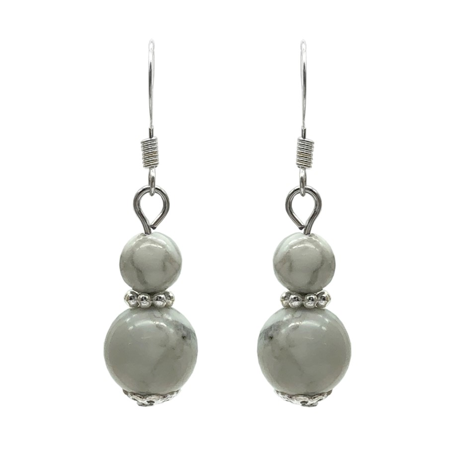 6-10mm Round Howlite Silver Plated Drop Earrings