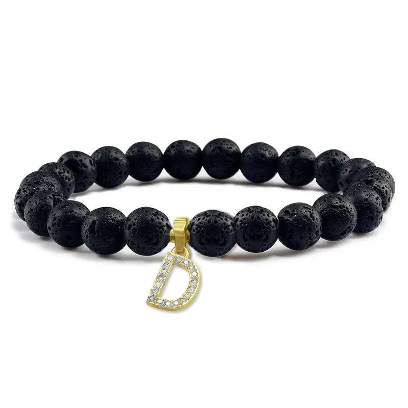 Designer Unisex Black Volcanic Lava Rock Beaded Crystal Initial"D" Bracelet