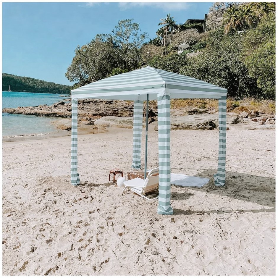 COCONUT GROVE Family Beach Cabana, 2m Wide, Sage Stripes. NB: Minor Use.