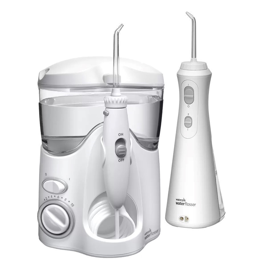 WATERPIK Ultra & Cordless Plus Waterflosser Pack. N.B: Damaged packaging.