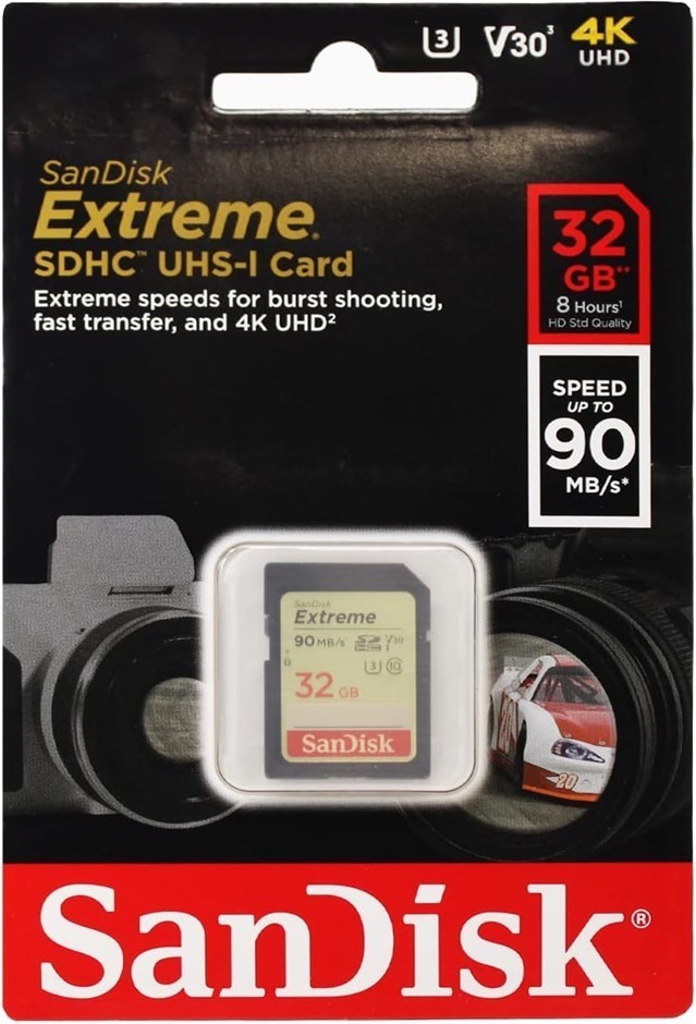 SANDISK 32GB Extreme SDHC UHS-I Memory Card - 90MB/s, C10, U3, V30, 4K UHD,