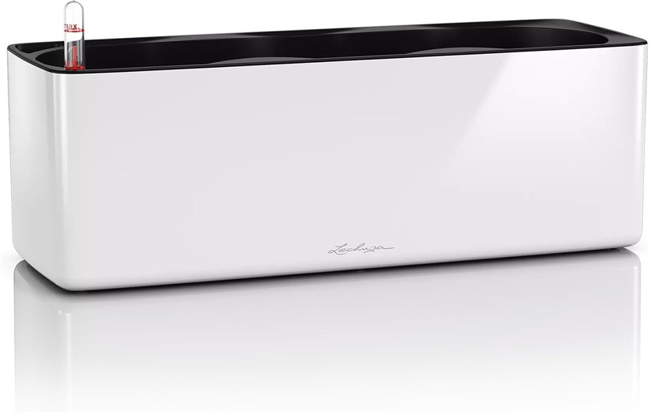 Lechuza Cube Glossy Triple Self Watering Plant Pot, White High Gloss, 40 cm