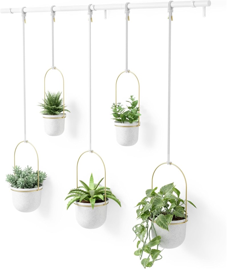 UMBRA Triflora Hanging Planter 5-Pieces, Large, White/Brass.
