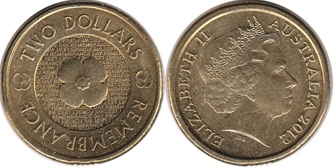 Australia: 2012 Two Dollars QEII Remembrance $2