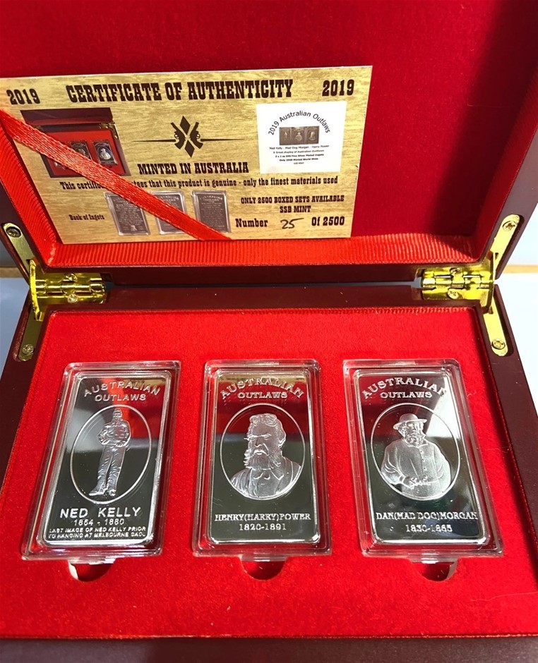 3 x 1 oz Ingots Finished in 999 Silver, Australian Outlaws with D/Box, Ltd