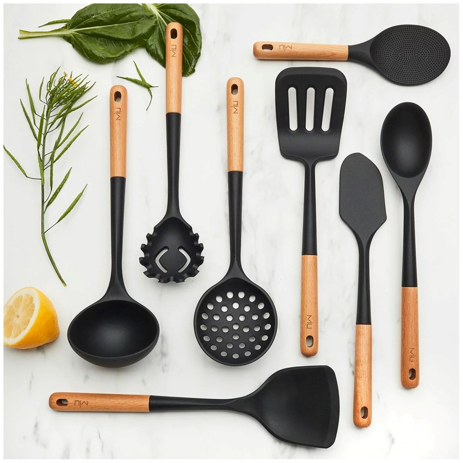 MIU 8pc SIlicone Utensil Set, Beechwood Handle. NB: Damaged packaging.