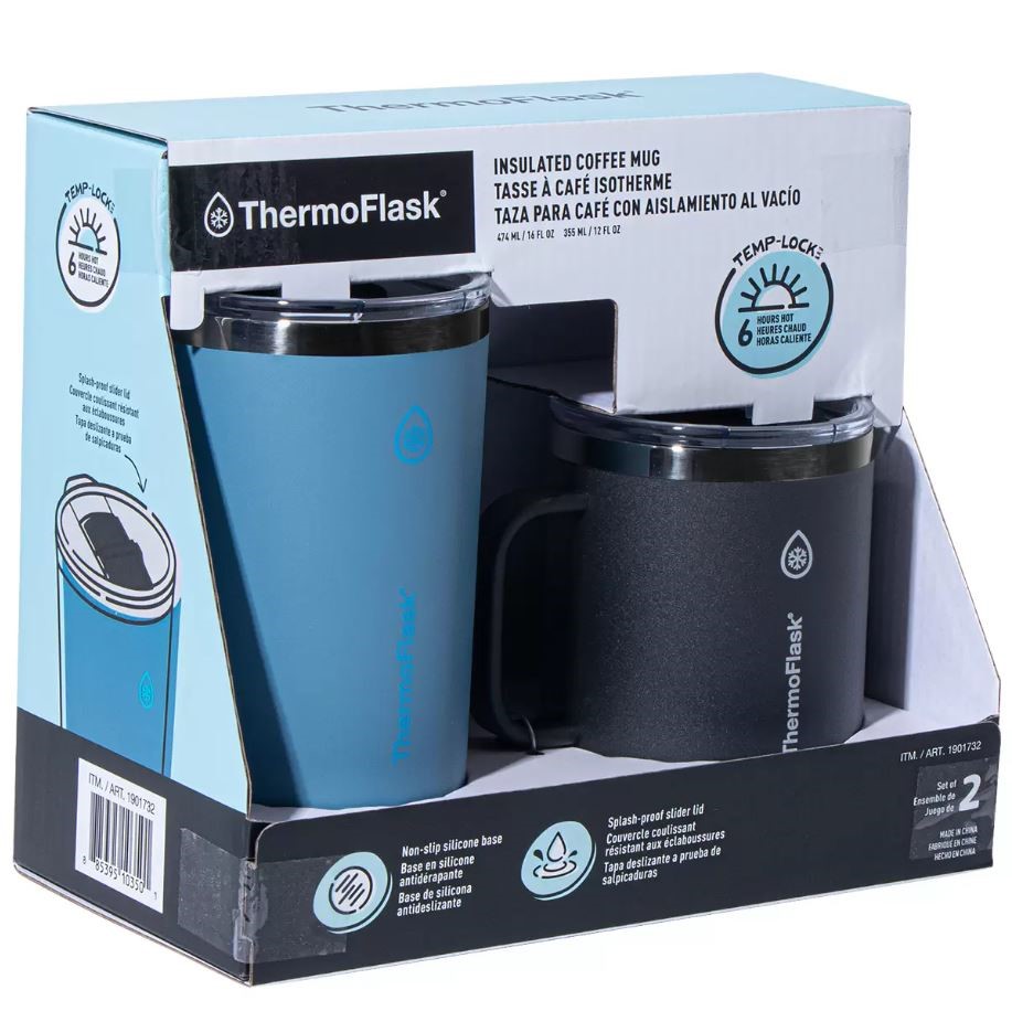 THERMOFLASK Insulated Coffee Mugs, 2-Piece Set, Black & Blue. N.B: Minor us