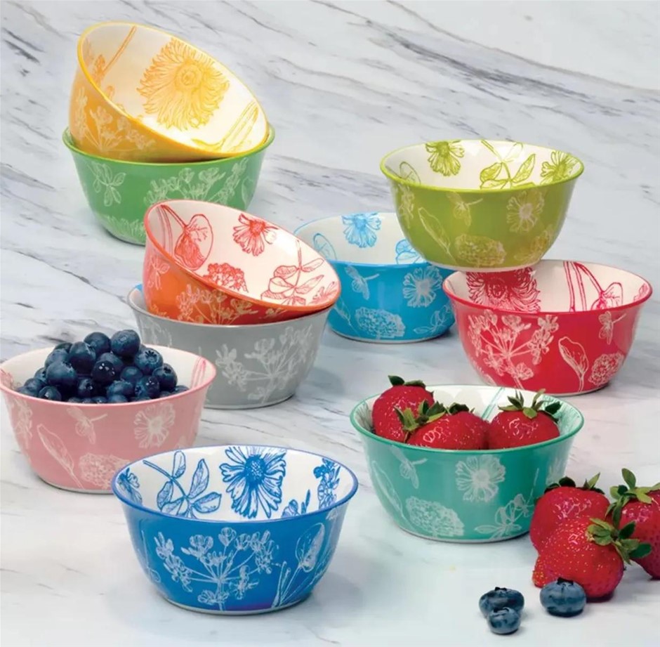 BOTANICAL Stoneware Bowls, 10 Piece Set. NB: Not in original packaging, 1 x