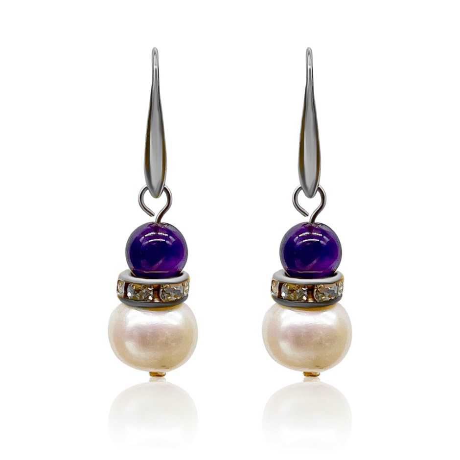 Amethyst & Freshwater Pearl Platinum Plated Drop Earrings