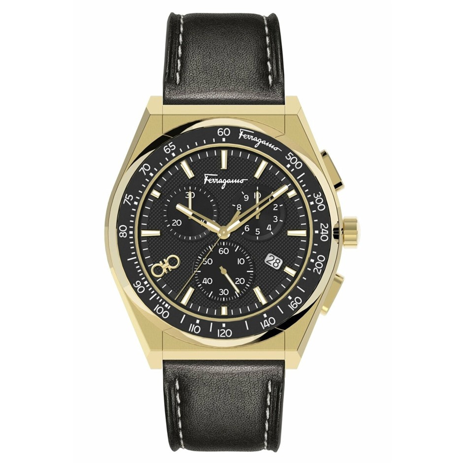 SALVATORE FERRAGAMO Men's Chrono Sport Guilloche Dial Watch, Black Leather