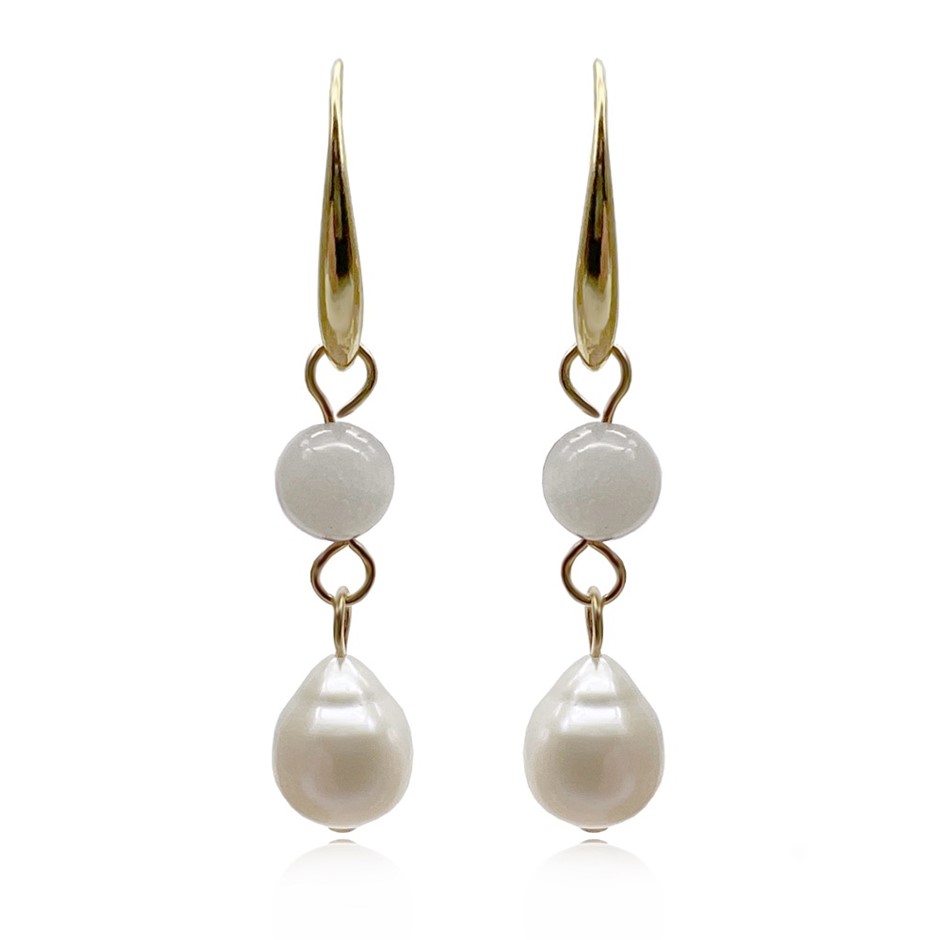 6mm Moonstone & Baroque Pearl Dangling Earrings.