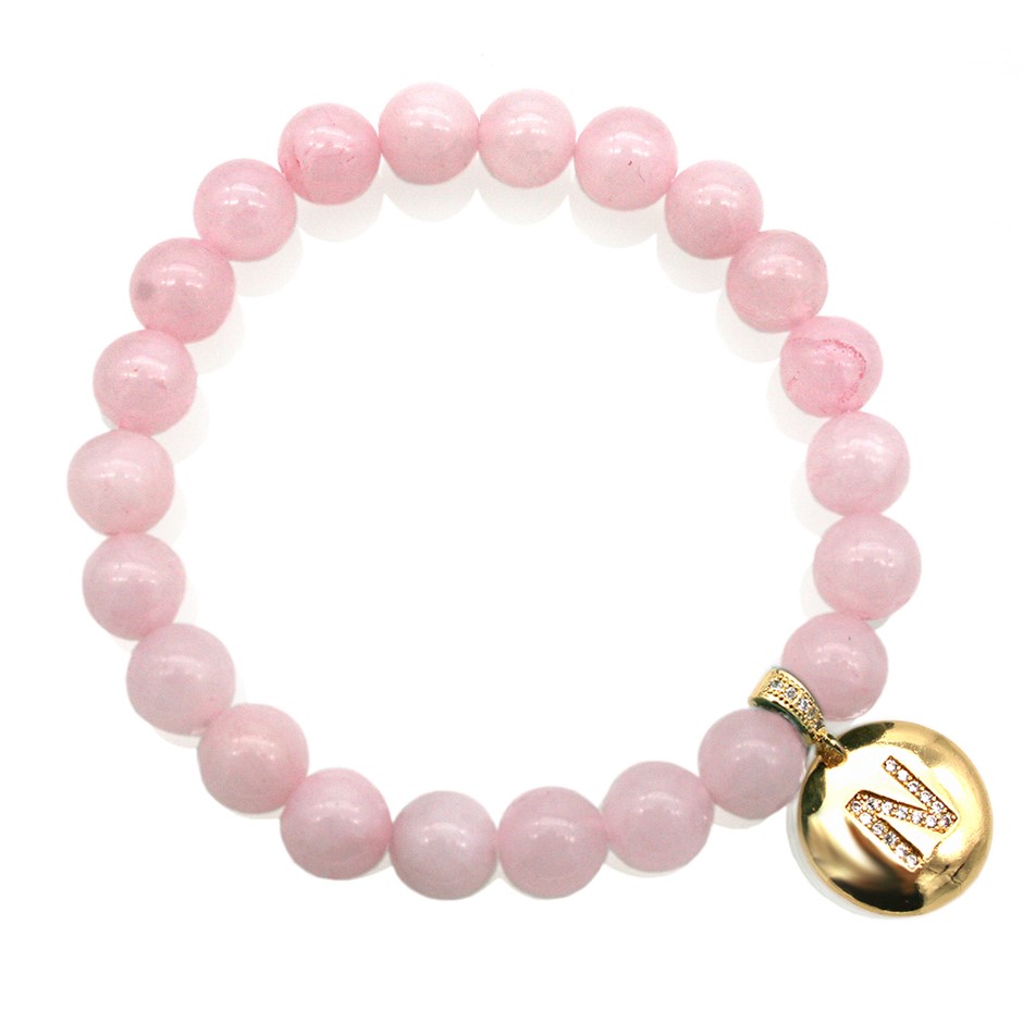 Round Rose Quartz & Letter 'N' Gold Plated with CZ  Bracelet