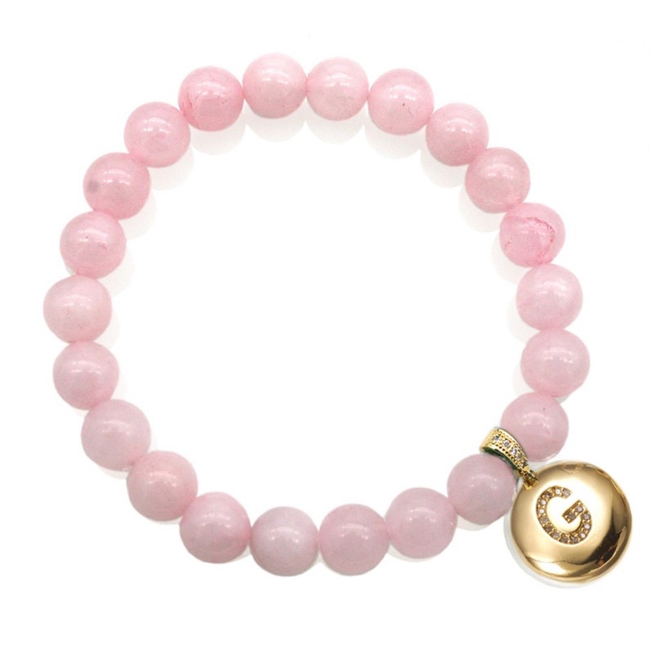 Round Rose Quartz & Letter 'G' Gold Plated with CZ Bracelet