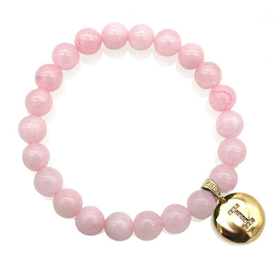 Round Rose Quartz & Letter 'I' Gold Plated with CZ Bracelet