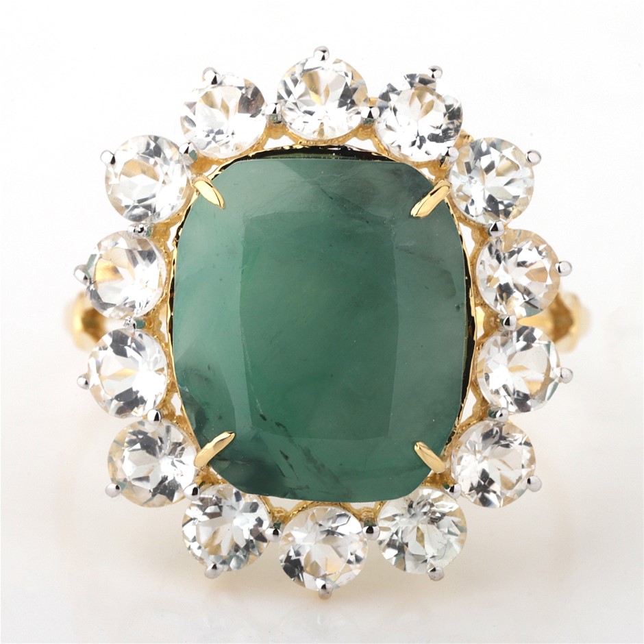 Yellow Gold Natural Emerald / Natural White Topaz Ring with Valuation