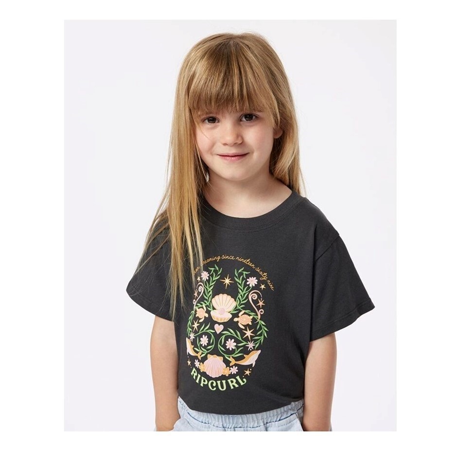 RIP CURL Girl's Sunkissed Dreams Art T-Shirt - Washed Black, Size 3-4. RRP: