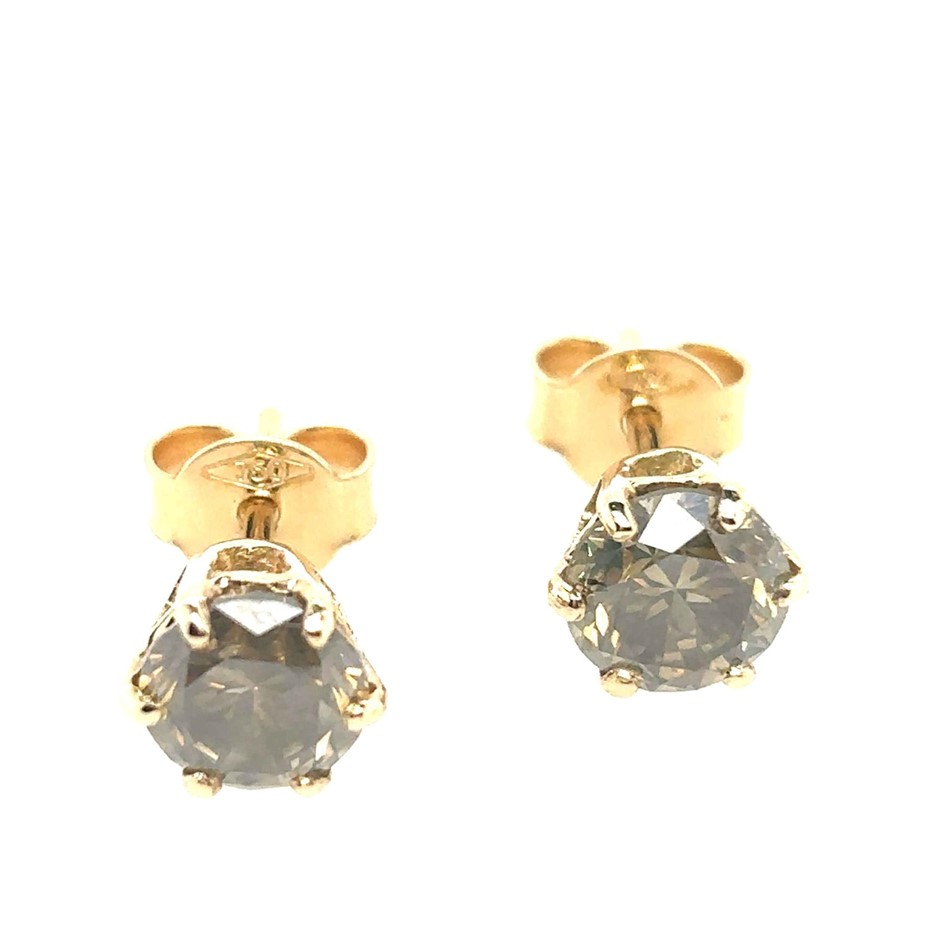 2.12ct 2 Stones Round Dia. SI Yellowish Brown Earrings 18K Yellow Gold