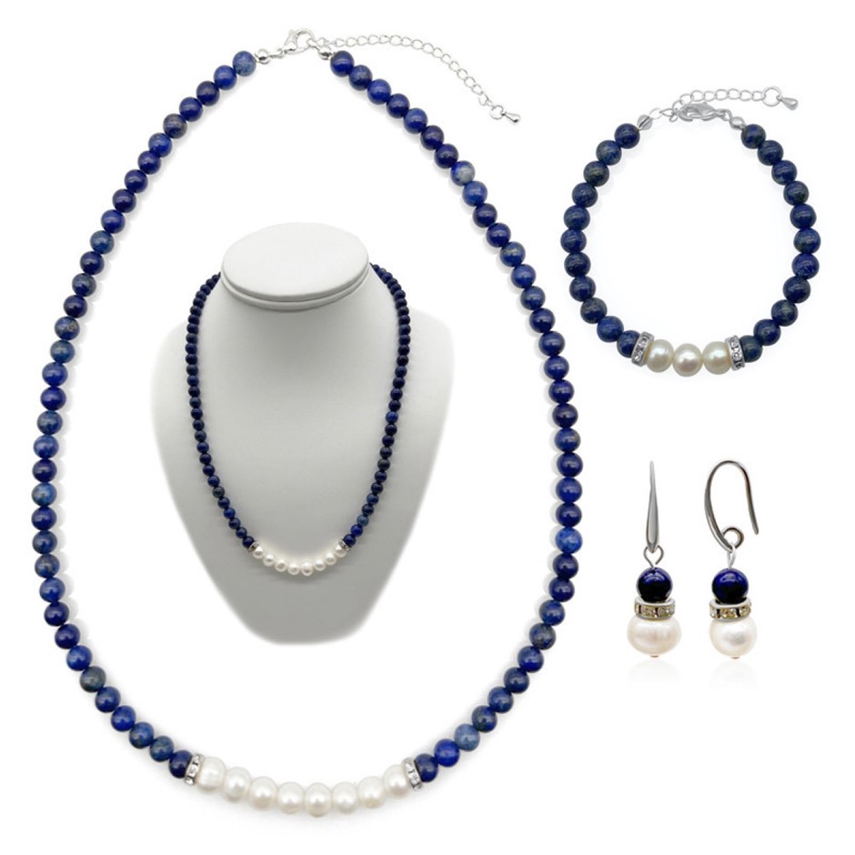7-8mm Pearl & Lapis Lazuli Real Platinum Plated Jewellery Set