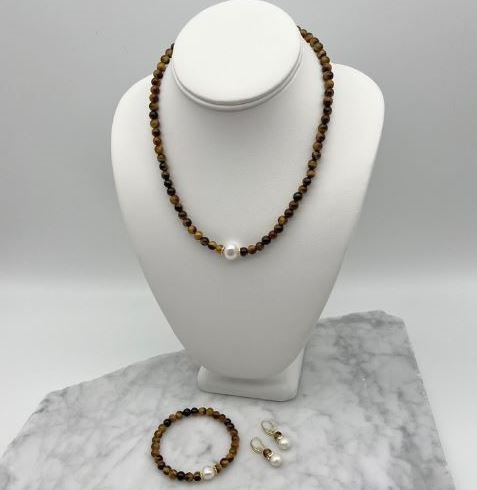 White Pearls Tiger Eye Gemstone Jewellery Jewellery Set