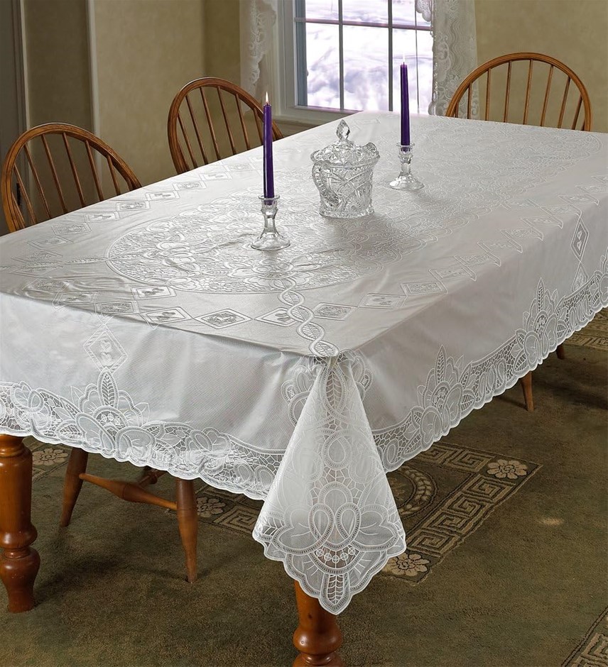 VIOLET LINEN Vinyl Lace Betenburg Design Tablecloth, Whit,e 60" x 90" Oblon