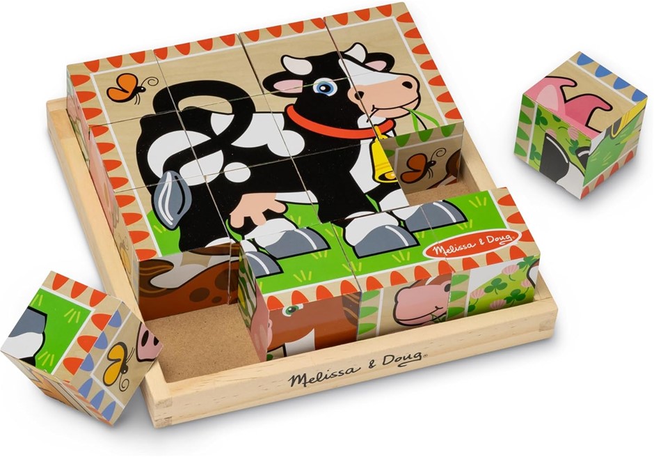 MELISSA & DOUG Wooden Cube Puzzle - Farm - 16 Pieces. NB: Not in original p