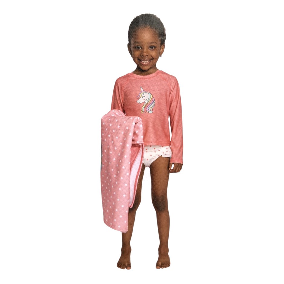 PEKKLE Kids' 3pc Rashguard Set, Size 3, Pink Unicorn, Incl: Rashguard, Brie