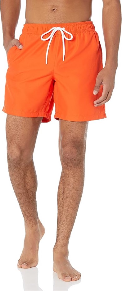 AMAZON ESSENTIALS Men's 7" Quick-Dry Swim Trunk, Size M, Orange. Buyers No