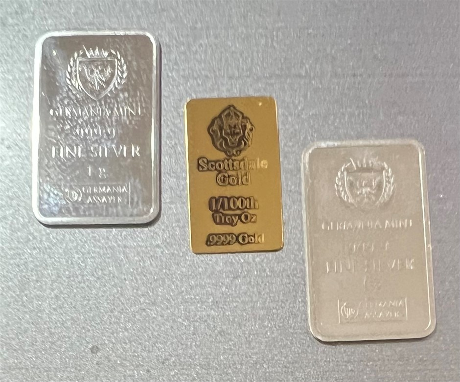 1/100-Ounce Scottdale gold bar and 1 gram silver Germania bar x 2