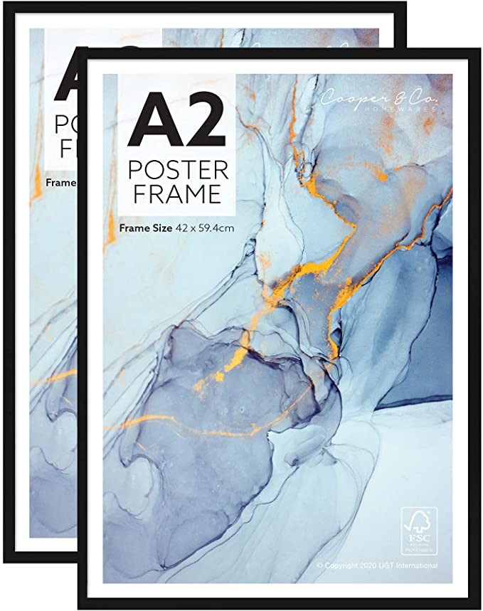 2 x COPPER & CO HOUSEWARES A2 Poster Photo Frames, Set of 2, Black. NB: 1 x