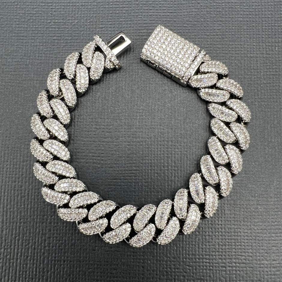 18K White-Filled Cuban Chain Bracelet with Simulated Diamonds - 17.8cm