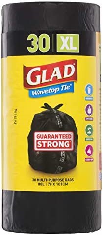 4 x GLAD 30pk Wavetop Tie Garbage Bags, 100cm x 78cm Size XL, Black. N.B: D