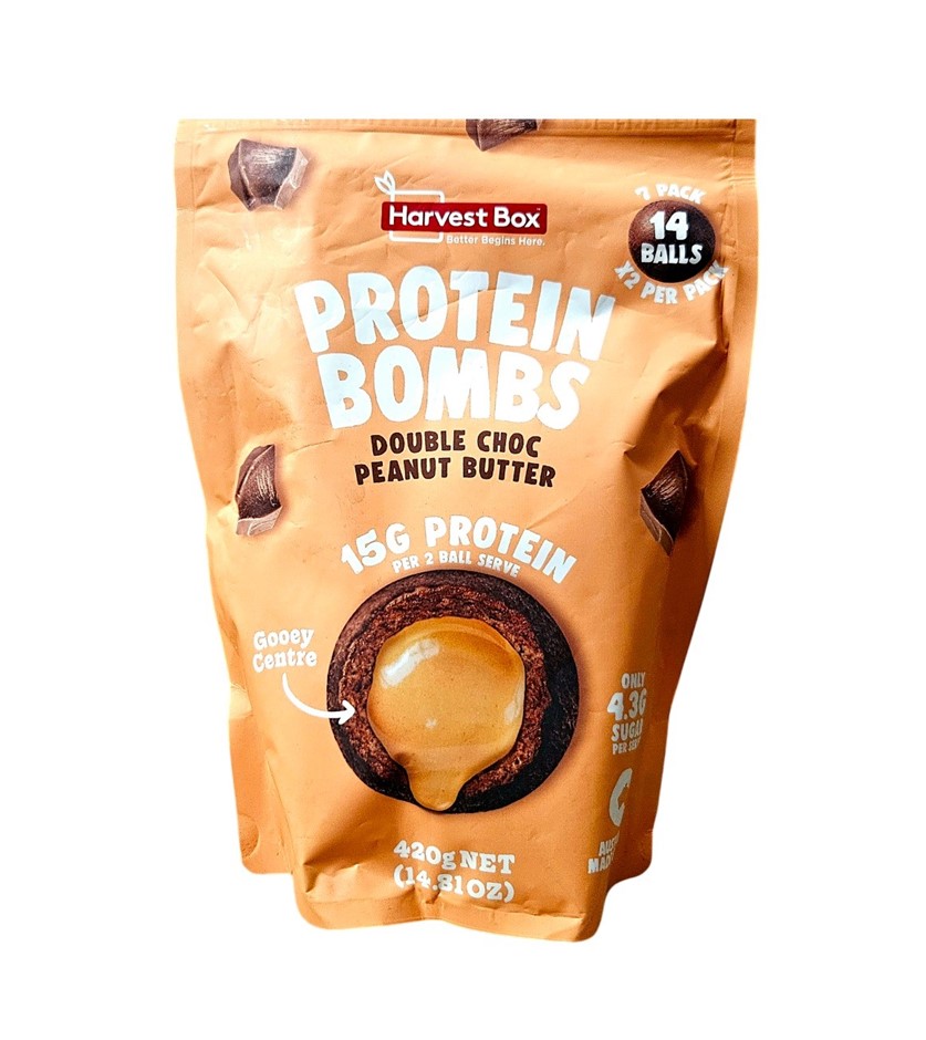 2 x Pack of 7pc HARVEST BOX Protein Bombs Double Choc Peanut Butter, 420g.