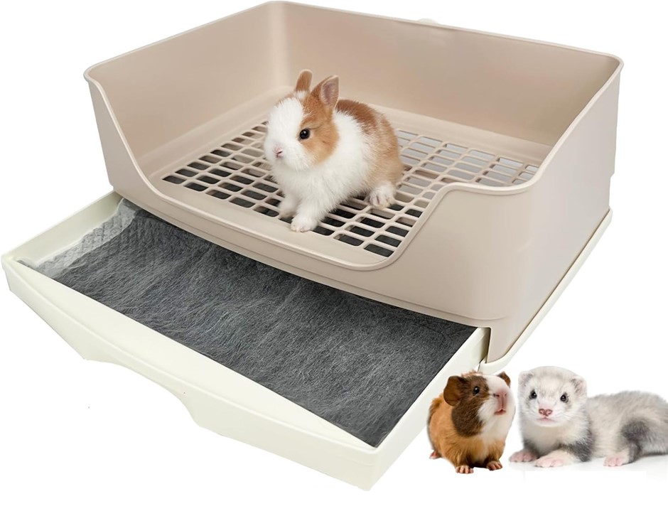 RUBYHOME Oversize Rabbit Litter Box with Drawer, Corner Toilet Box with Gra