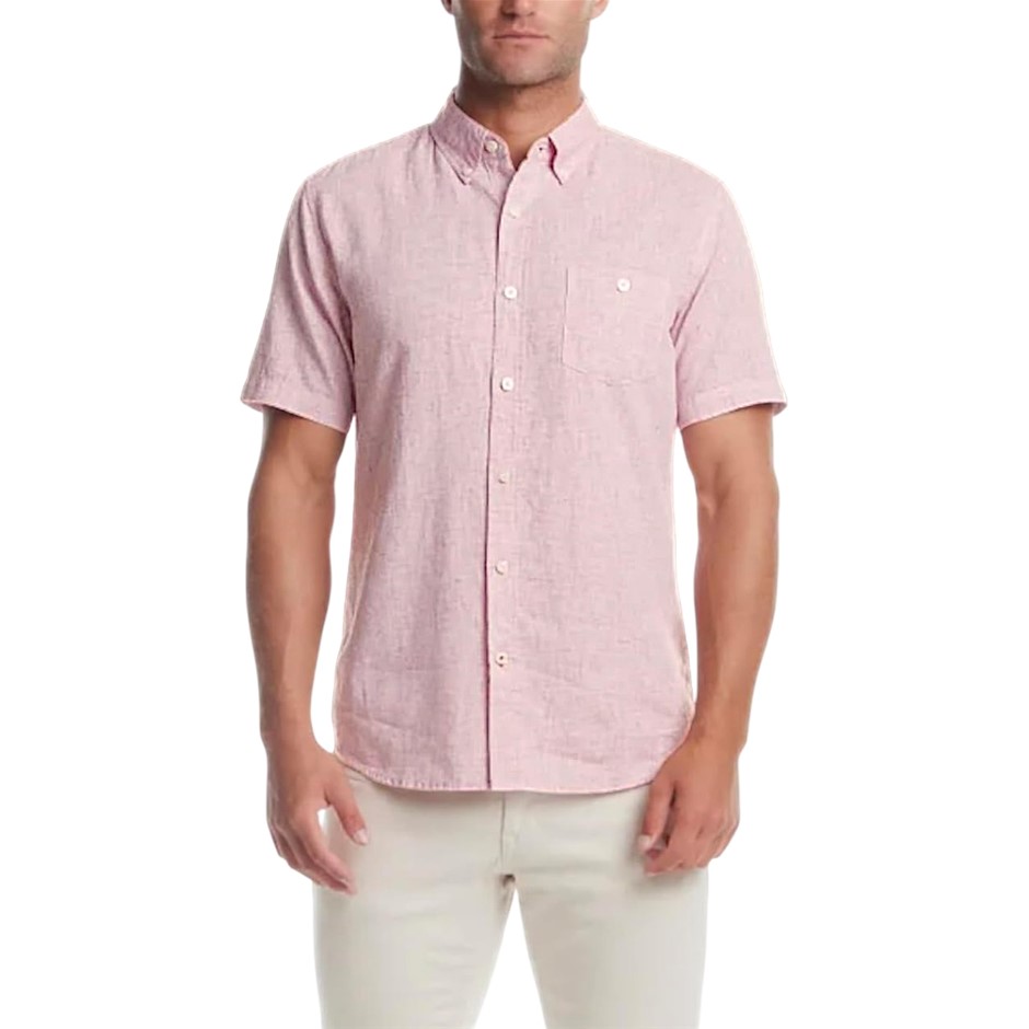WEATHERPROOF Men's Linen S/S Shirt, Size L, 55%Linen/45%Cotton, Scarlet Sag