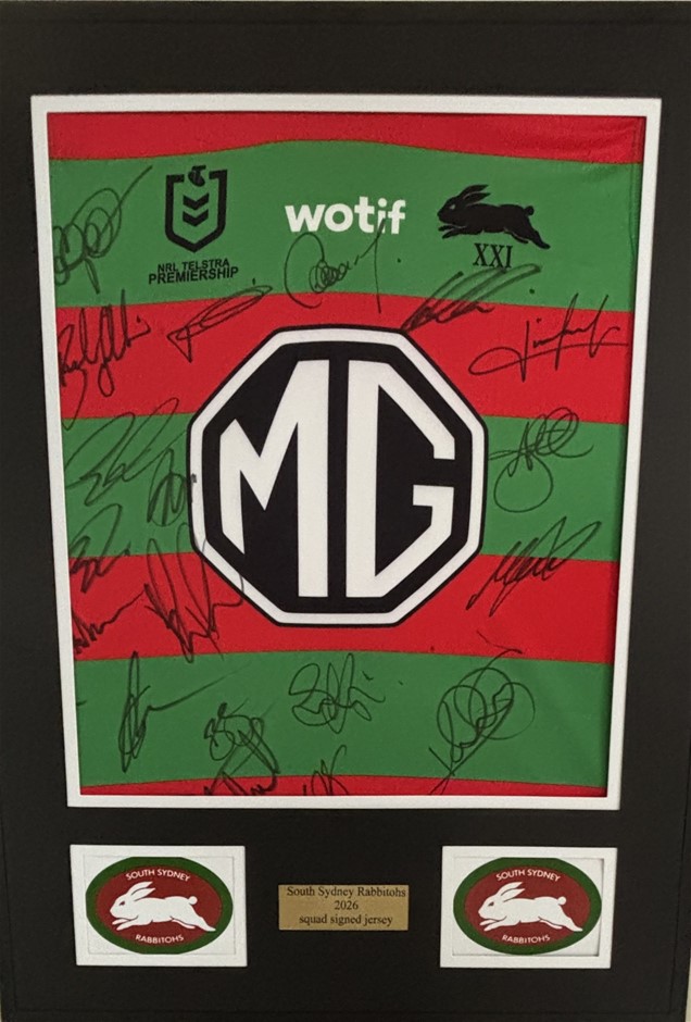 SOUTH SYDNEY RABBITOHS 2026 SQUAD SIGNED/FRAMED JERSEY