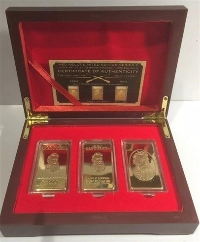 NED KELLY Set of 3 x 1oz Ingots With Box 999 24k Gold Plated