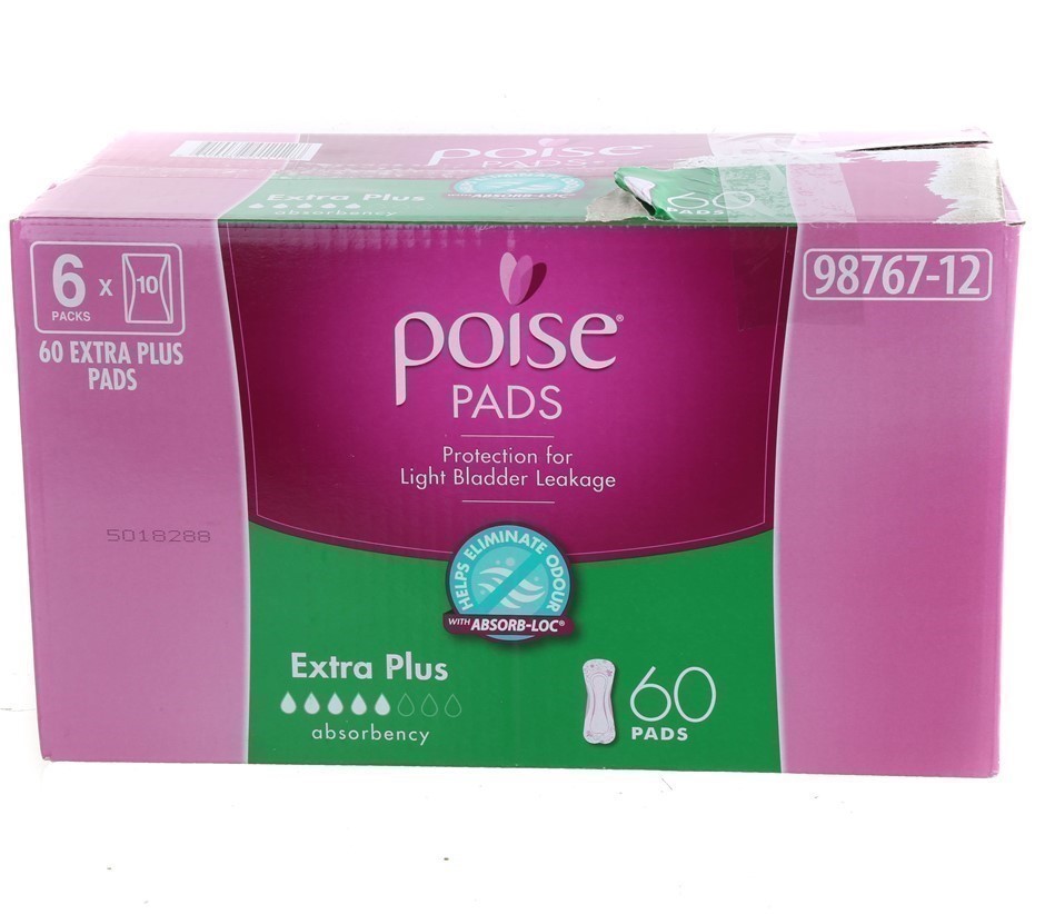 Box of 60pc POISE Extra Plus Pads. N.B: Damaged packaging & approx. 5 x sin