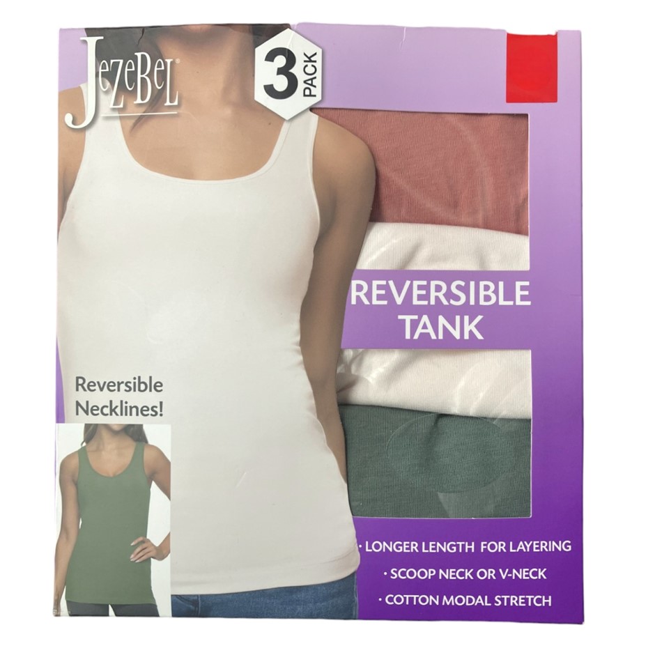3-Pack JEZEBEL Reversible Tanks, Size M, Cotton/Modal, Coral/Cream/Green.