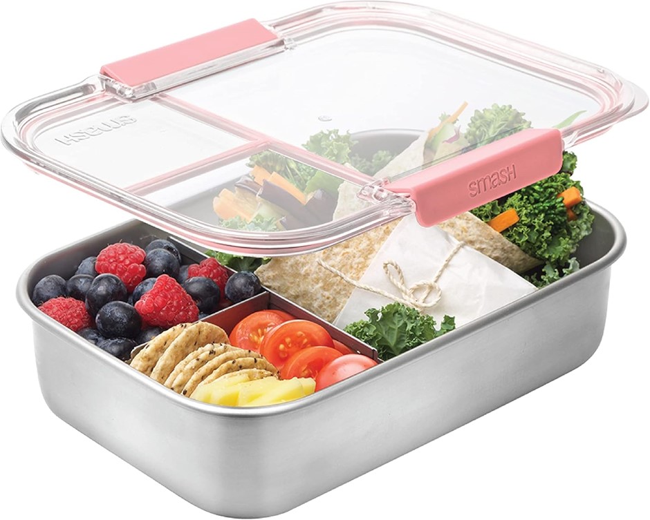 SMASH Microwave Safe Stainless Steel Bento Lunch Box, 3 Compartments, Blush