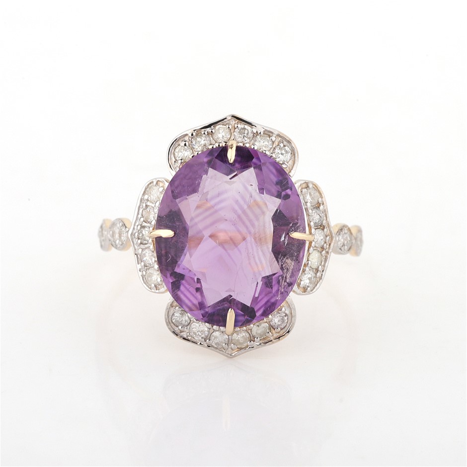 Yellow Gold Natural Amethyst & Diamond Ring with Valuation