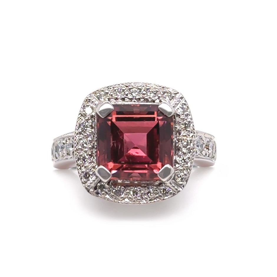 18ct White Gold Dark Pink Tourmaline & Diamond Cluster Ring 5.50ct 14.2g