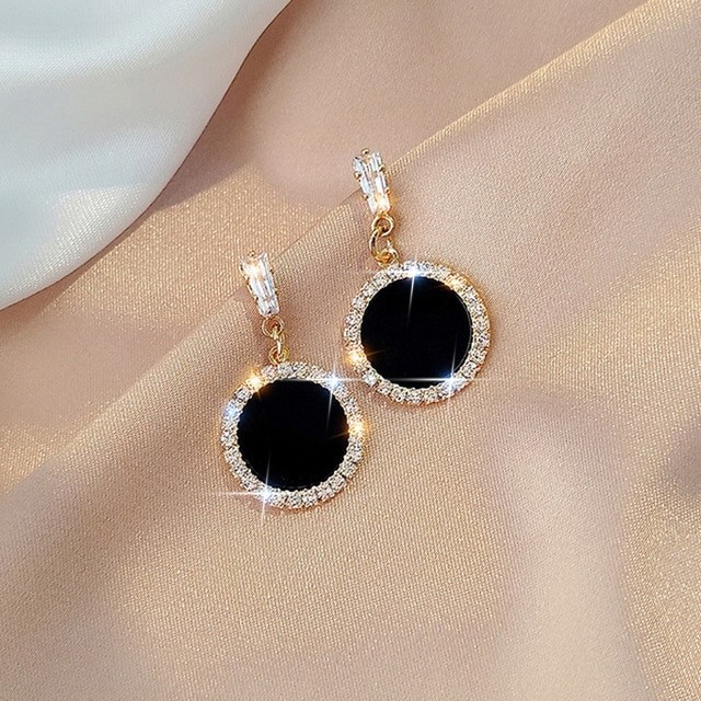 Designer Simulated Diamond Round Black Drop Earrings in Gold