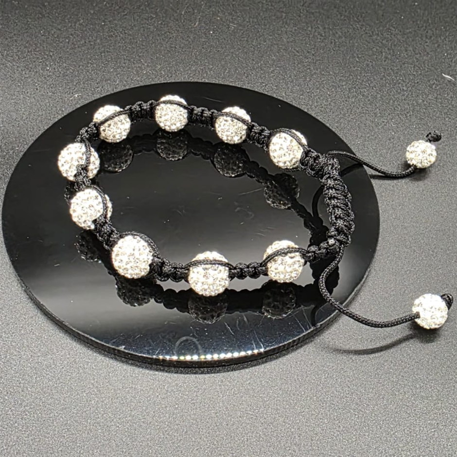 Designer Simulated Diamond Ball Bracelet with Black Braid