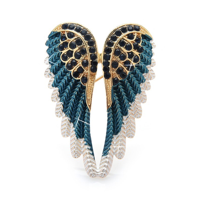 Designer Simulated Diamond Blue, White & Gold Angel Wings Brooch Pin