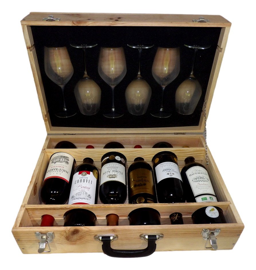French Bordeaux Pack in Wooden Case with 6 glasses (6x 750mL), France.